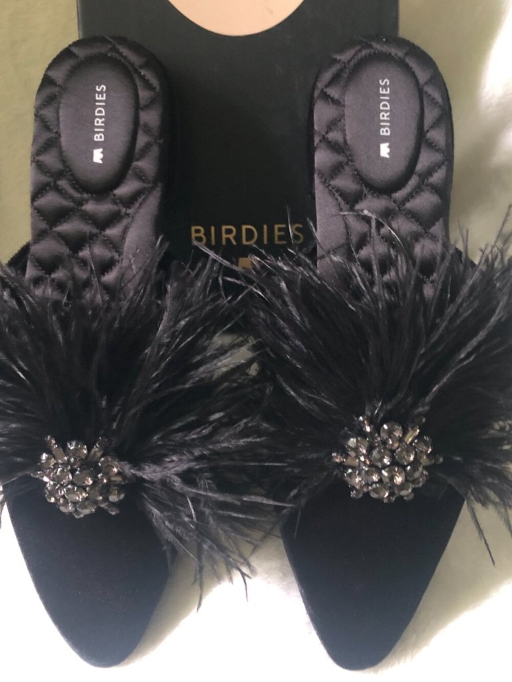 BIRDIES The Dove Black Feathered Brooch Mule Women Shoes US 7.5